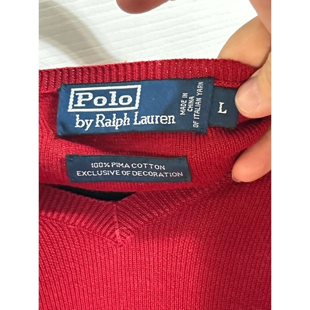 Polo Ralph Lauren Red V Neck Cotton Sweater Men's Size L‎ Long Sleeve
